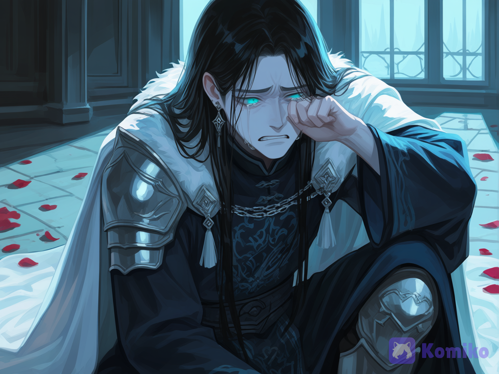 [radiant-coating-style], @him-N1PF frown and cries, the face expresses pent-up pain, the atmosphere is melancholy, the colors are muted and cold, the signature style of masashi kishimoto, clear lines, the porch of a old gothic house, against an empty room, around dull red blossoms on the ground and on the floor, sitting on the ground, wiping tears, depressed, depth of field, window light, twilight, portrait, closeup