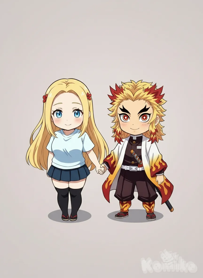1boy, 1girl, 2people, Rengoku Kyoujurou, chibi, holding hands, blush, anime style