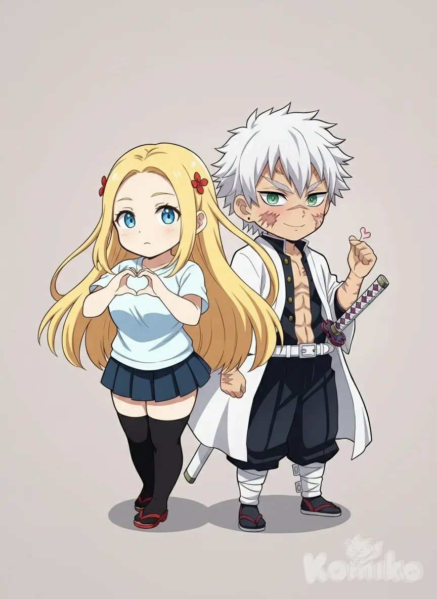 Shinazugawa Sanemi, chibi, holding sword, heart hands, blush, back to back, anime style