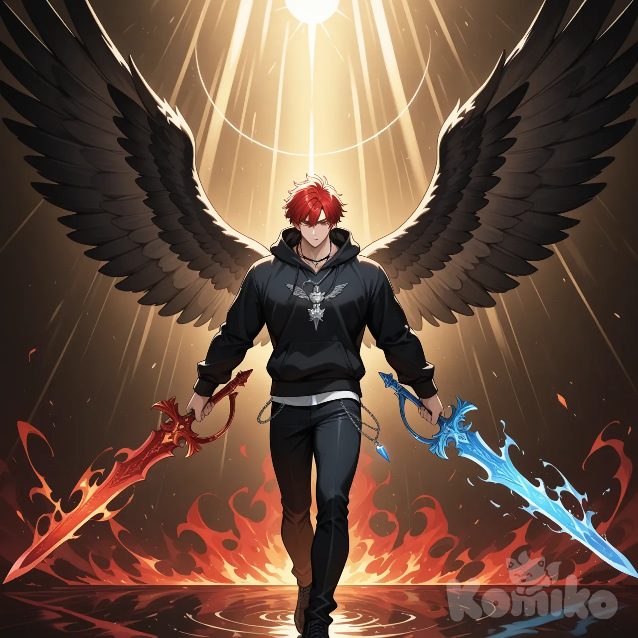 Based on the anime art style, it creates a tall, muscular, red-haired male character wearing a black hoodie, a necklace with a blue wolf head pendant, silver eyes, and black angel wings sprouting from his back, wielding two swords: the first a sword made of blue water in one hand, the second a golden heroic sword with a red blade wrapped in white flames in the other, an epic and dynamic scene, with light and shadows.