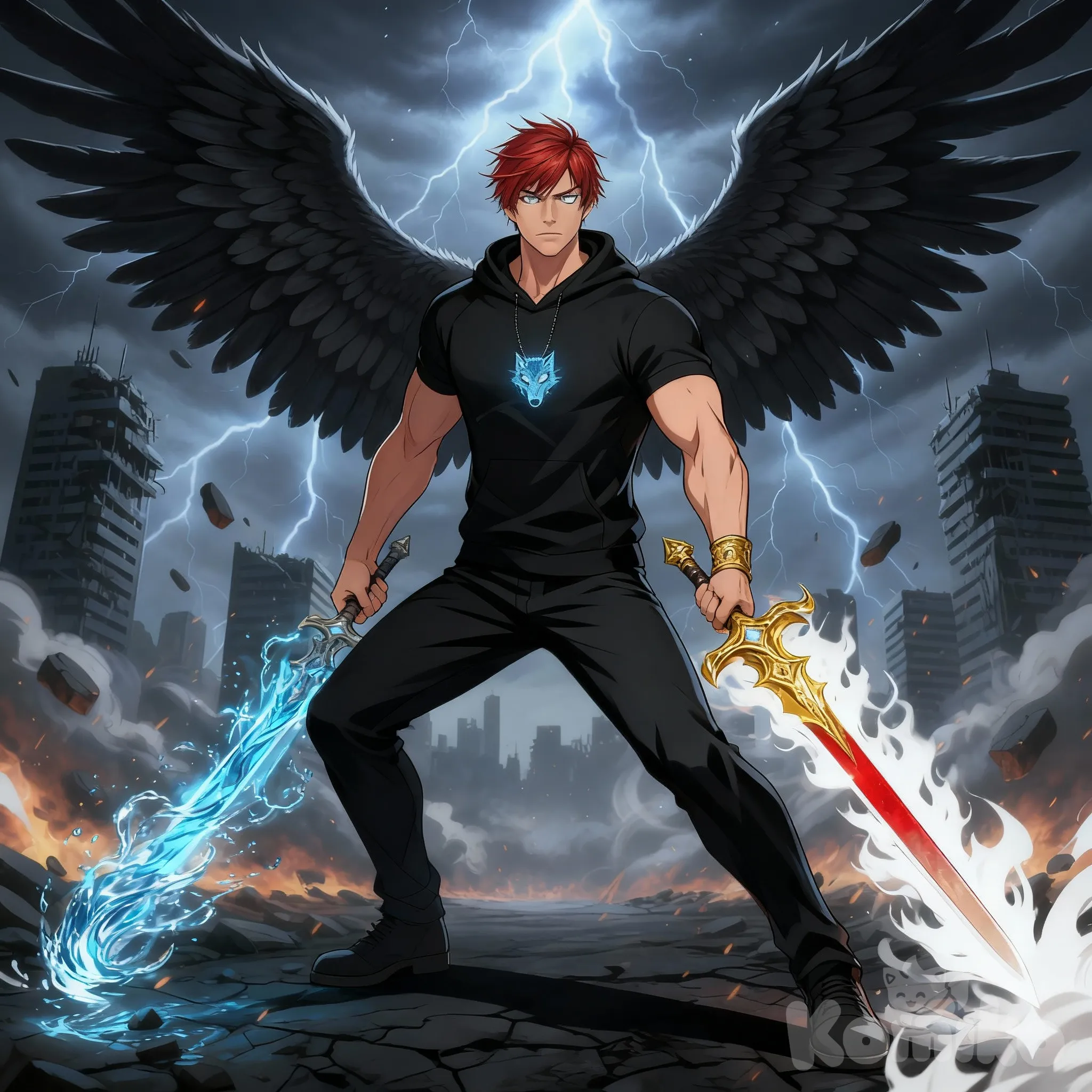 Based on the anime art style, it creates a tall, muscular, with a generic, youthful face, red-haired male character wearing a black hoodie, a necklace with a blue wolf head pendant, silver eyes, and black angel wings sprouting from his back, wielding two swords: the first a sword made of blue water in one hand, the second a golden heroic sword with a red blade wrapped in white flames in the other, an epic and dynamic scene, with light and shadows.