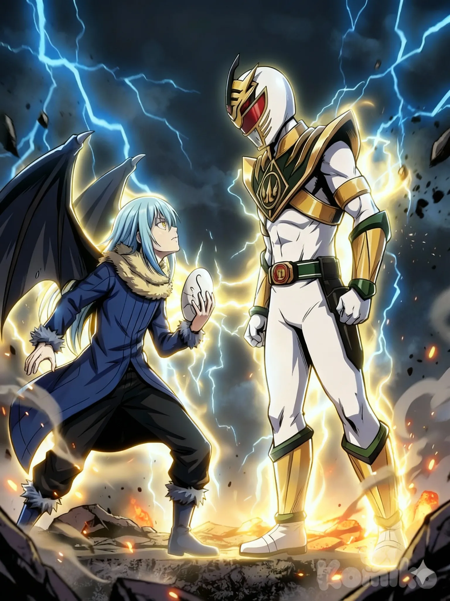 Based on anime art styles, he created two characters: the first recreates Rimuru Tempest. The second recreates Lord Drakkon (Power Rangers). They face each other, unleashing their powerful auras, creating an epic and dynamic scene with intricate details.