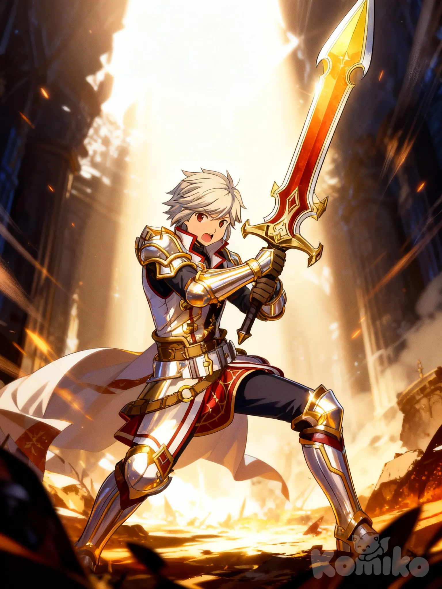Based on the anime art style, create a male character, recreate Bell Cranel (Danmachi), wearing heroic armor, wielding a heroic sword in both hands, epic pose, epic and dynamic scene
