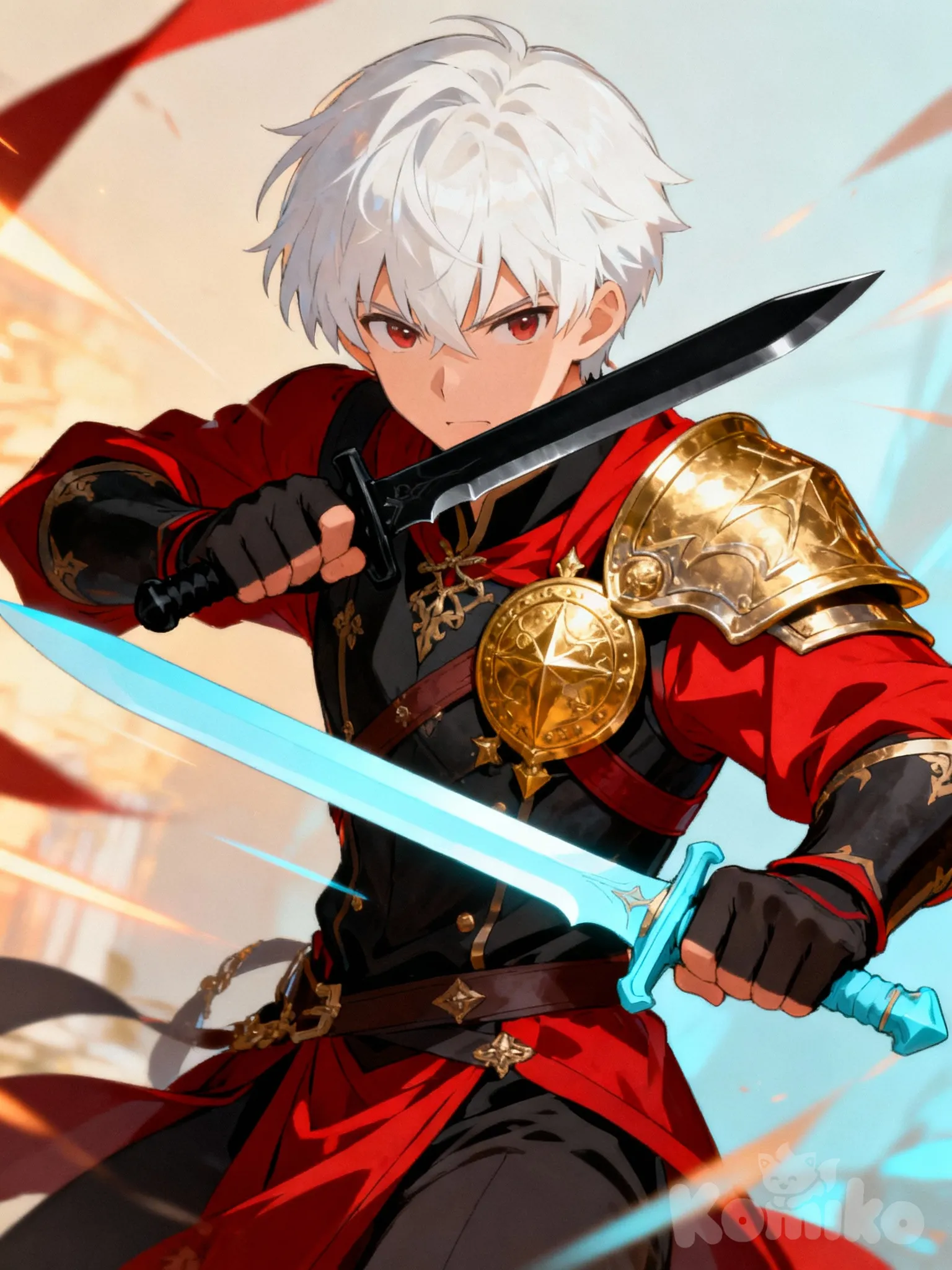 Based on the anime art style, create a male character, recreating Bell Cranel (Danmachi) with short white hair, wearing heroic red and black clothing with gold details, a gold armor plate on his chest, wielding his two daggers, one black and one light blue