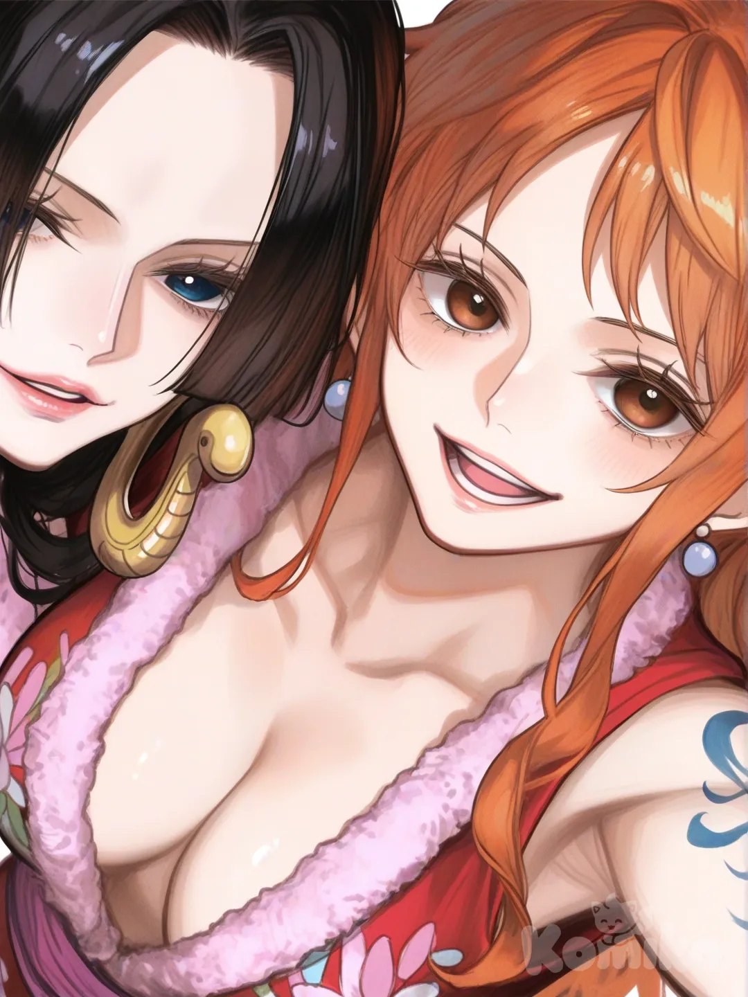 @Nami_(One_Piece), @Boa_Hancock, [semi-realistic-portrait-style], selfie