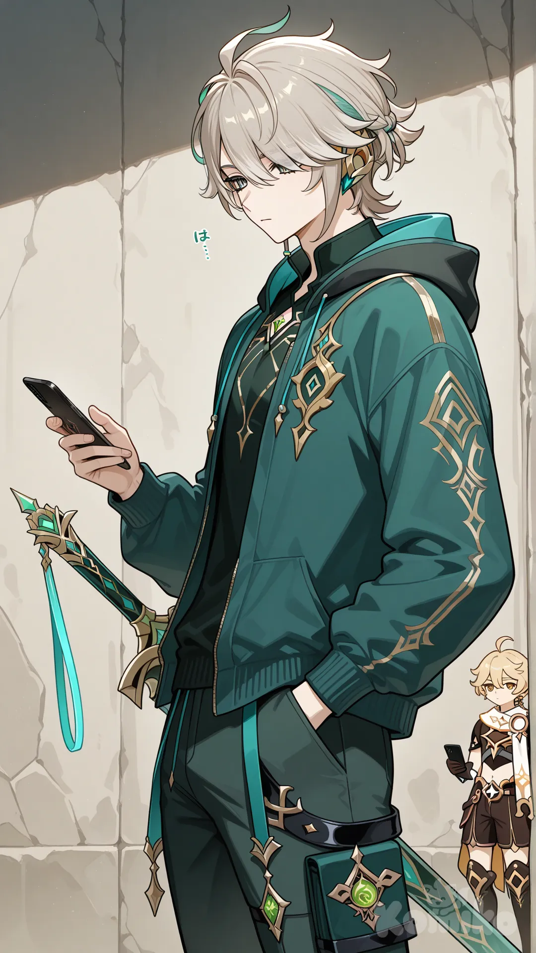 @Aether_(Genshin_Impact), @Albedo_(Genshin_Impact), @Alhaitham_(Genshin_Impact), holding sword, hands in pockets, looking at phone