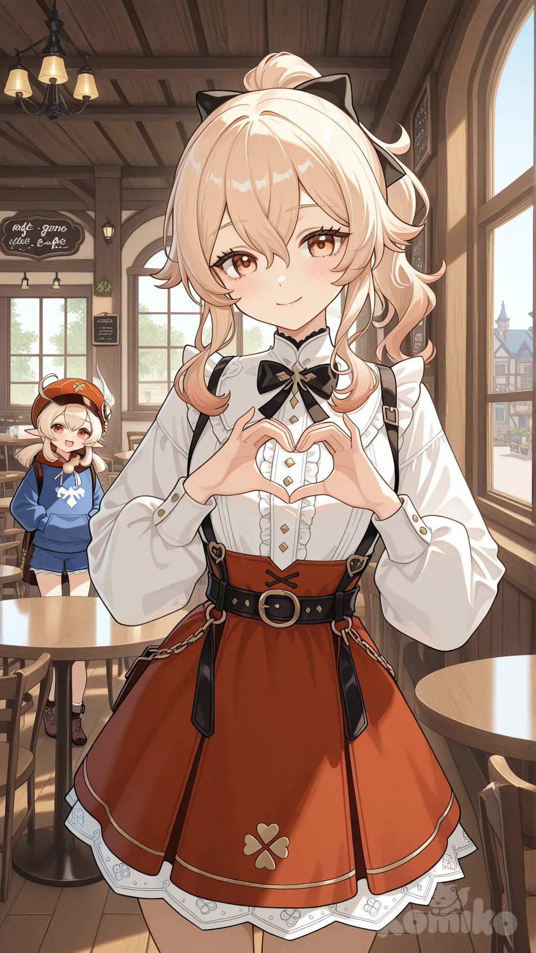 @Klee_(Genshin_Impact), @Jean_(Genshin_Impact), heart hands, hands in pockets, cafe