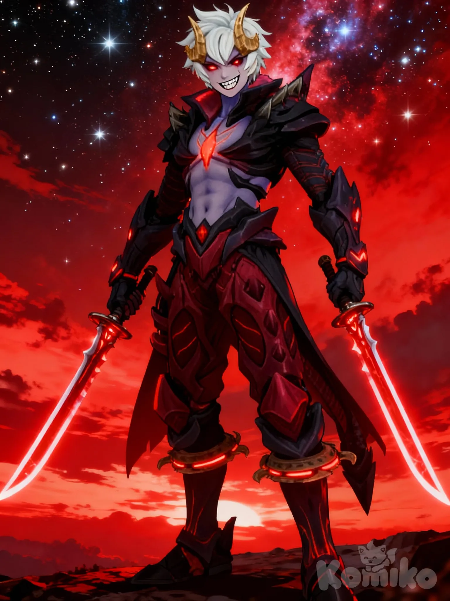 @dyrroth-9QWr, evil smile, full body, red sky, cosmic background, starry sky