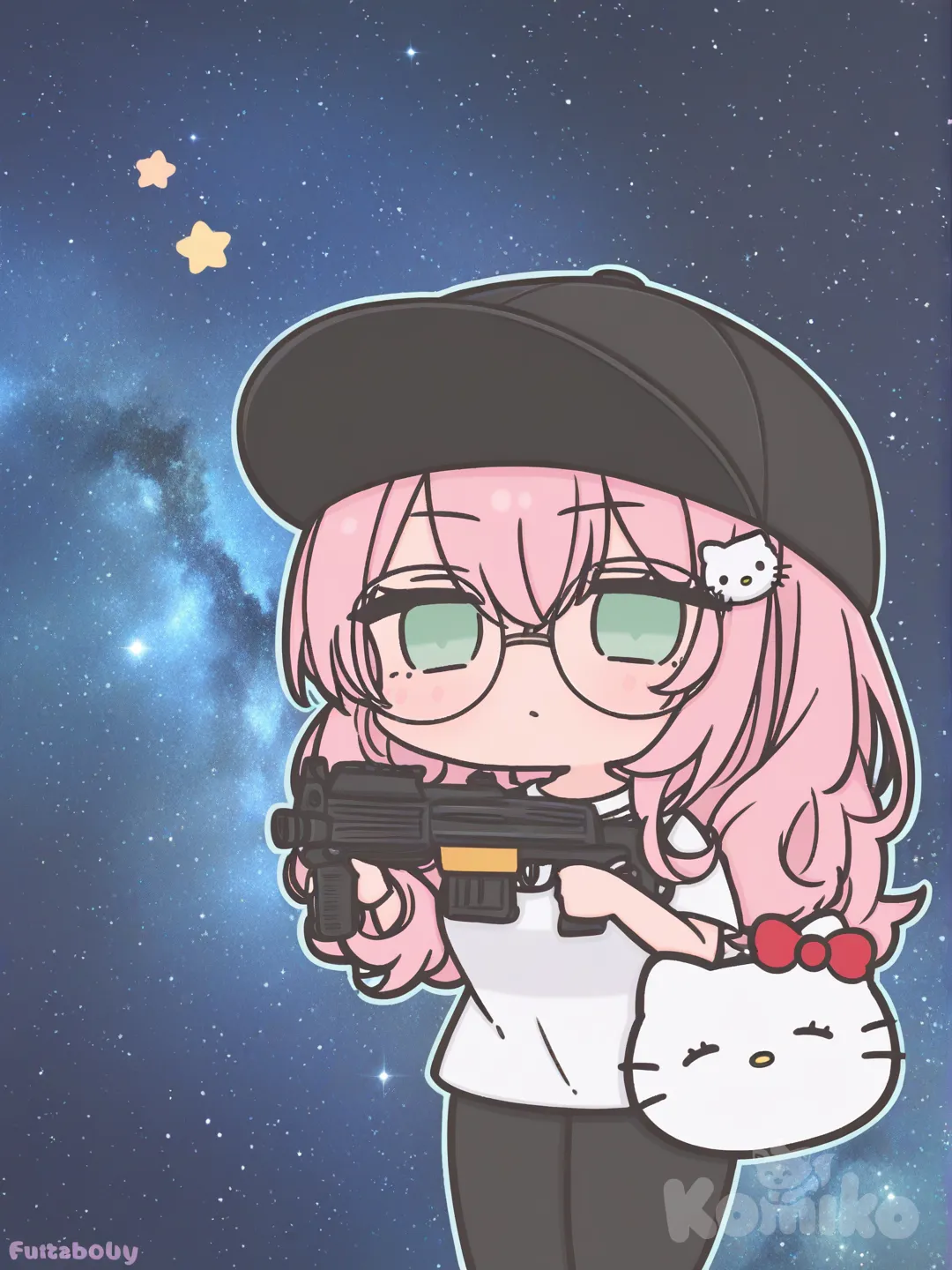 A woman with long pink curly hair and green eyes, she has round glasses. She is wearing a white t-shirt with Hello Kitty on it, she also has more Hello Kitty accessories in her hair, and she is wearing long black pants covered with lots of pink Hello Kitty., [pastel-chibi-style], 1boy, holding gun, baseball cap, cosmic background