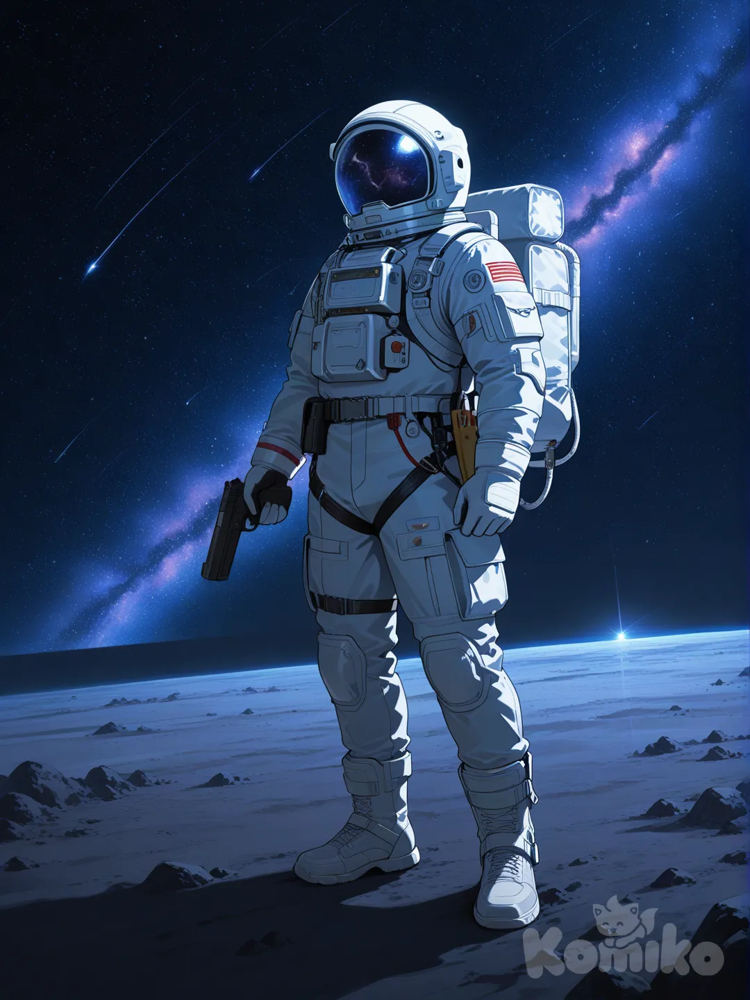 1boy, holding gun, spacesuit, cosmic background