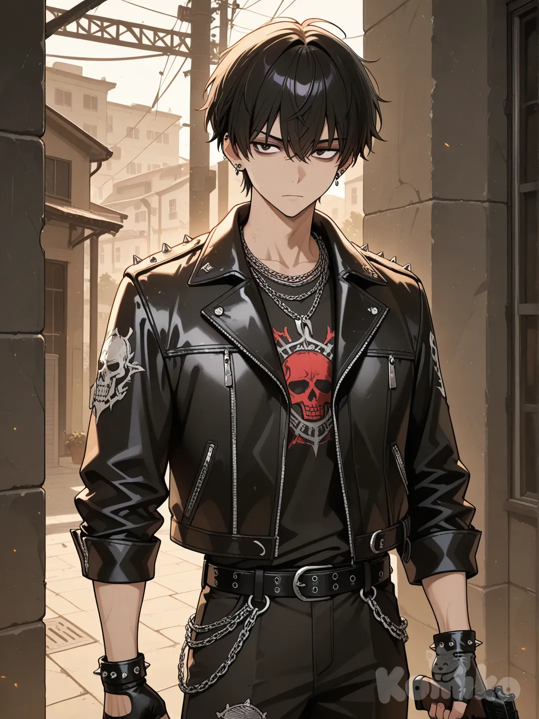 1boy, holding gun, punk leather jacket