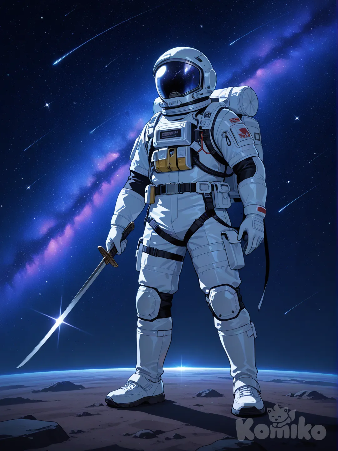 1boy, holding sword, spacesuit, cosmic background, starry sky