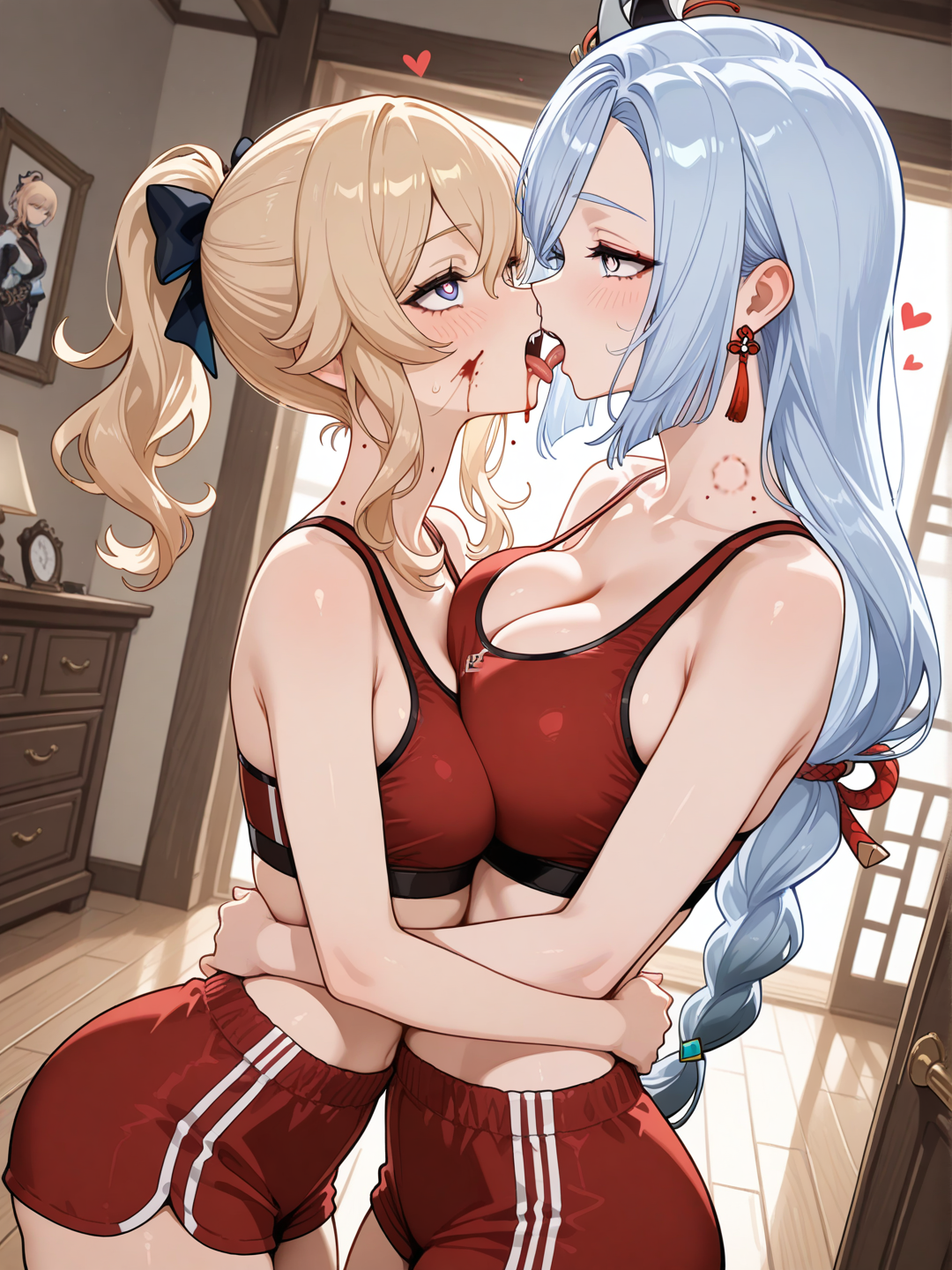 Prompt
Shenhe_(Genshin_Impact) она вампир и одета красное нижнее белье которое подчеркивают её фигуру её.Она в своём в доме иза чуства голода она грызаеться своими клыками прям за шею , @Jean_(Genshin_Impact) и сосёт её кровь из шеи .У Shenhe эмоция экстаза во время того как она сосёт кровь из шеи у Jean.А Jean одета спортивную женскую форму которая подчеркивает её фигуру