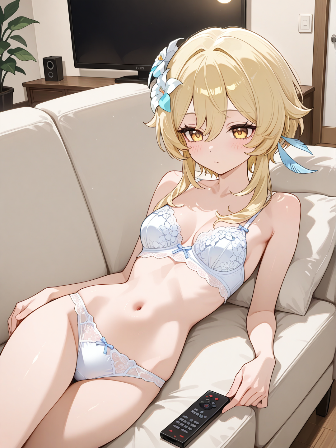 @Lumine_(Genshin_Impact) худая девушка.Одета в белое нижнее белье которое подчеркивает её фигуру.Лежит на диване и смотрит телевизор