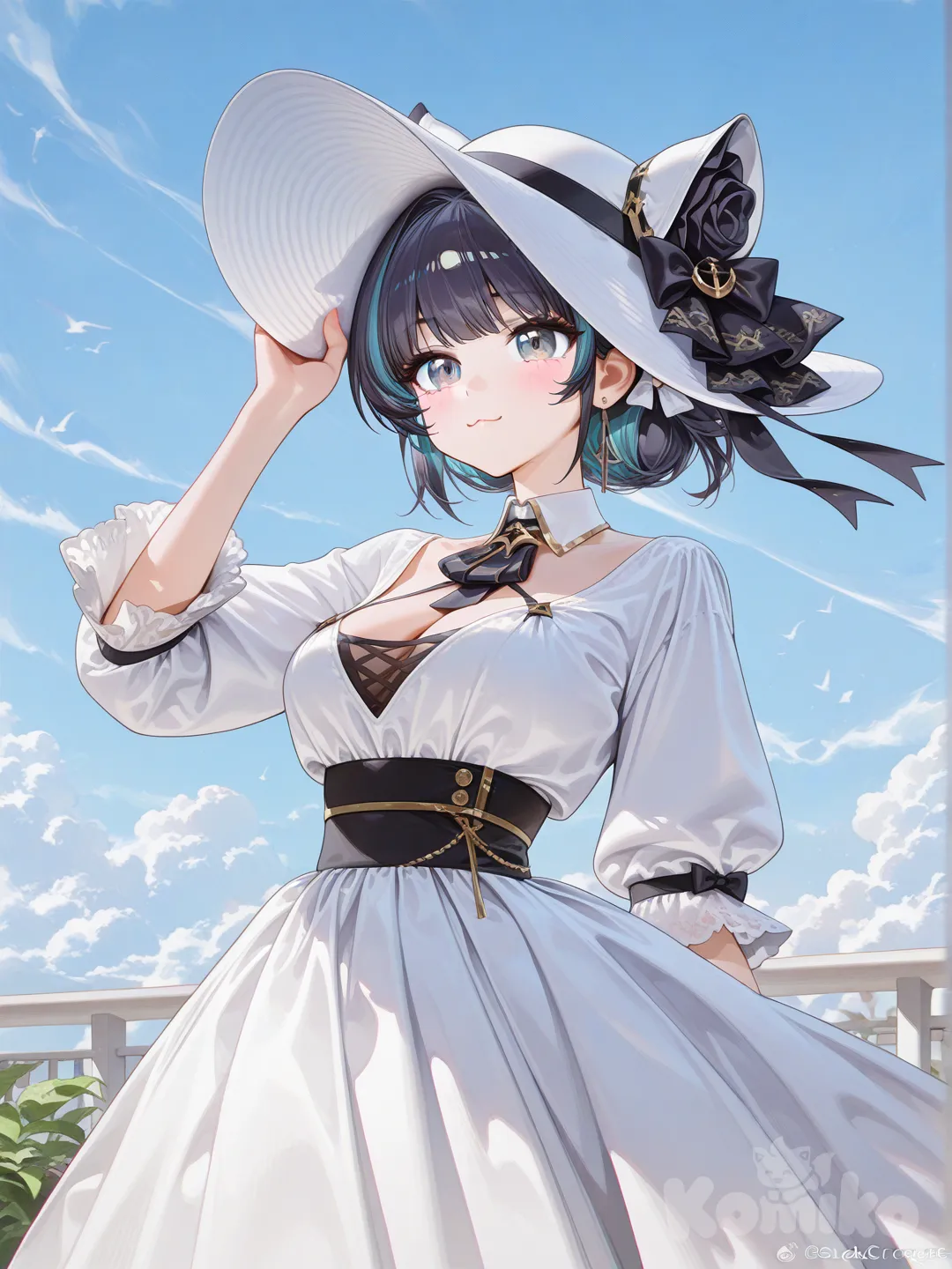 @Cheshire_(Azur_Lane)Formal dress, long skirt, hat, hair bun, [high-gloss-illustration-style], portrait, sky