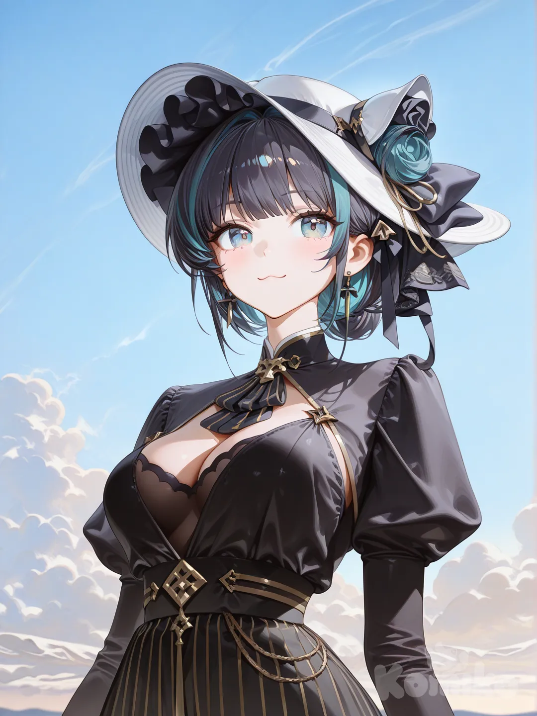 @Cheshire_(Azur_Lane)Formal dress, long skirt, hat, hair bun, [high-gloss-illustration-style], portrait, sky, curvy