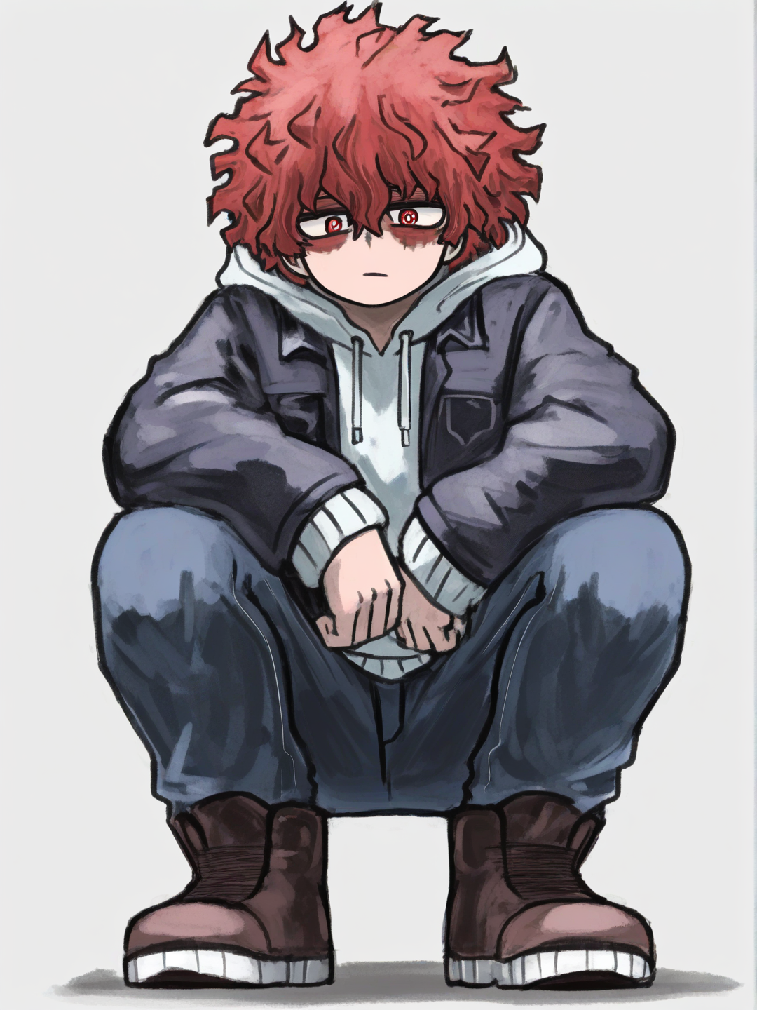 [sketchy-painterly-style] 1boy, my hero academia style, teenager, short, red_hair, red_eyes, scar, single character, full body, looking at viewer, simple background, white background