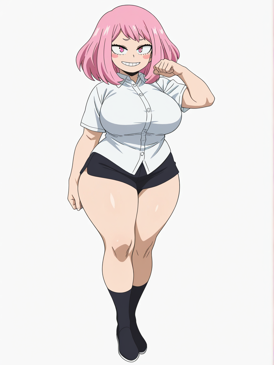 [bright-anime-style] 1girl, my hero academia style, original character, teenager, curvy, chubby, pink eyes, pink hair, large breasts, tight shirt, buttons about to pop, wide hips, thick thighs, single character, full body, looking at viewer, anime style, simple background, white background