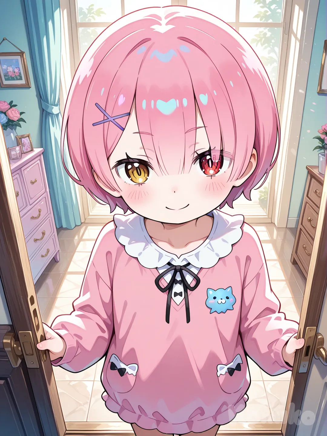 @Ram_(Re:Zero) de niña en una habitación estando parada expresión linda y colores brillantes