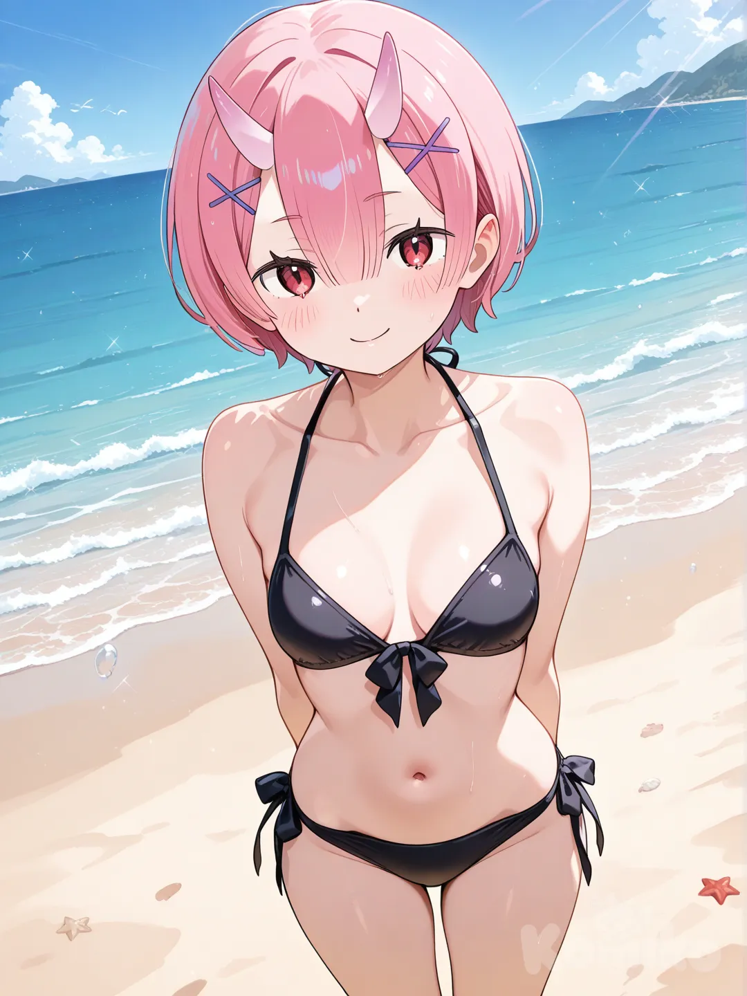 @Ram_(Re:Zero) en una playa de frente expresión linda