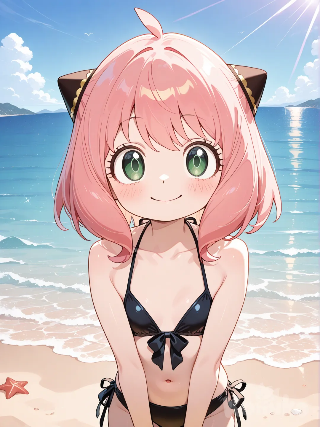 Anya_(Spy_X_Family) en una playa de frente expresión linda