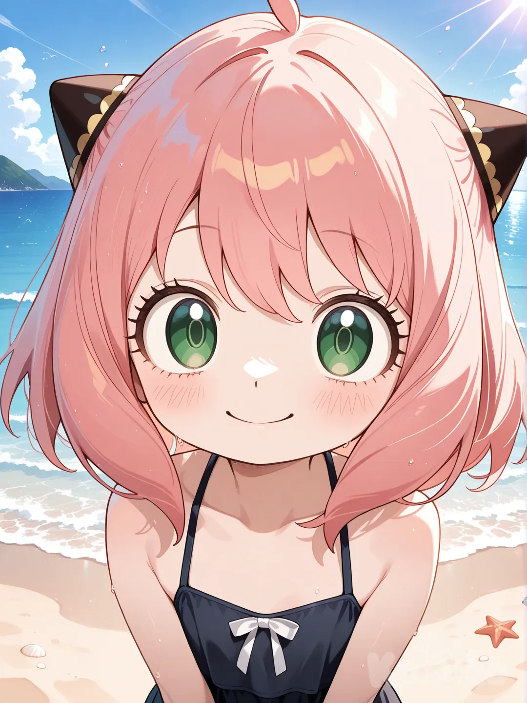 @Anya_(Spy_X_Family) en una playa de frente expresión linda