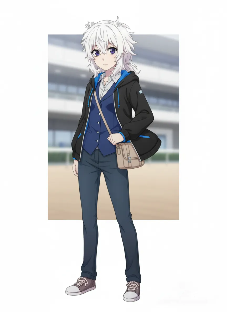 trainer (umamusume), a light gray collared shirt, deep blue formal vest, suit pants, a black, hooded jacket with a blue lining, partially open to reveal the Vest underneath. A messenger bag across her body, anime style