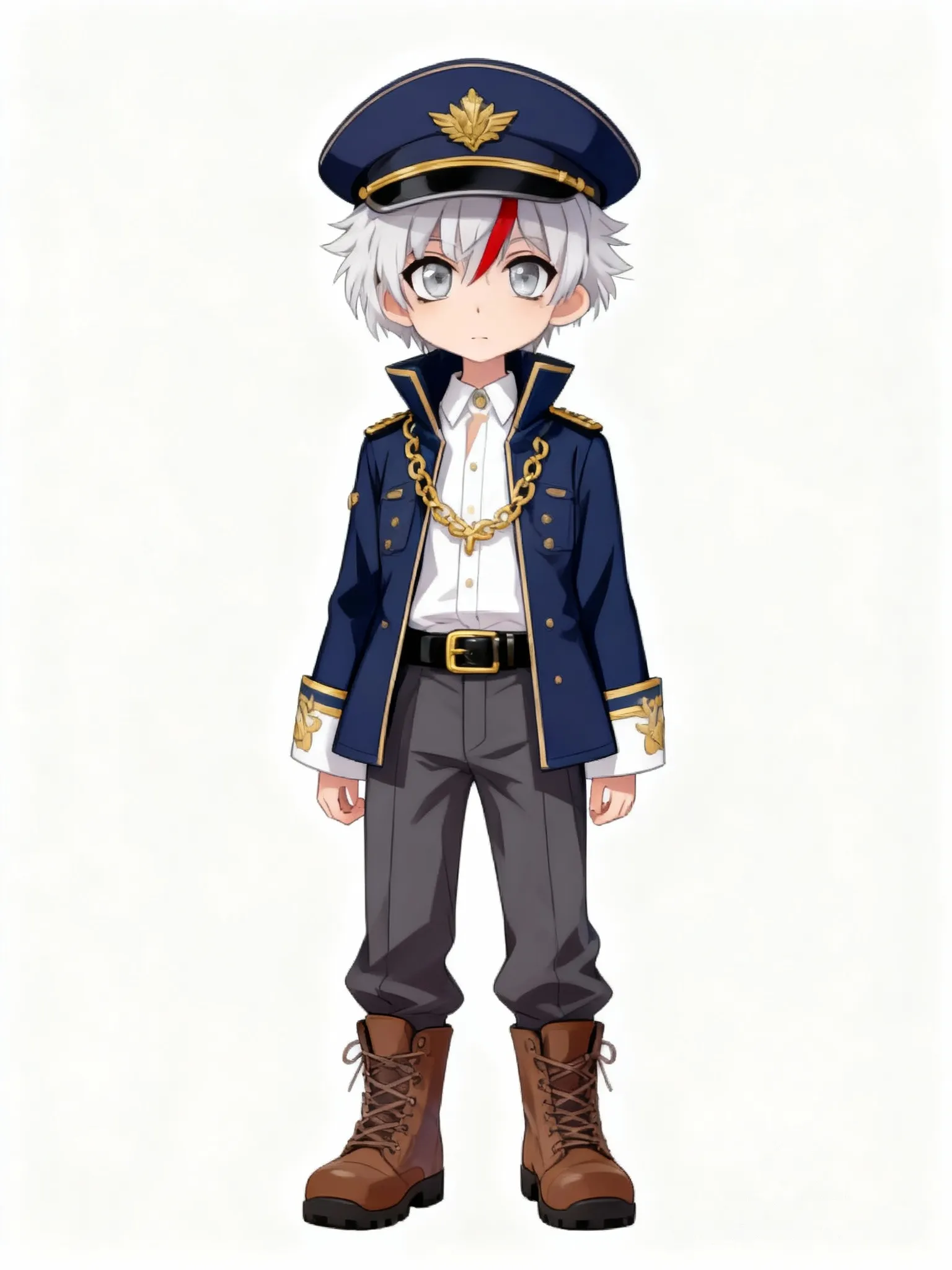azur lane, A 14 year old girl, petite, short, scrawny short single red streak in hair, silver hair, spiky hair, short fluffy hair, silver eyes, dark blue military-style outfit and a matching cap adorned with a gold emblem. The jacket has a high collar with gold detailing, The jacket is open in the front, revealing a white shirt, gold accents on the cuffs. gold ornamental chain acros the front. A black belt with a gold buckle cinches her waist. She wears dark gray trousers and brown combat boots. She has a calm neutral expression, standing center looking forward at the screen, Untitled5_20250719215228, plain white background