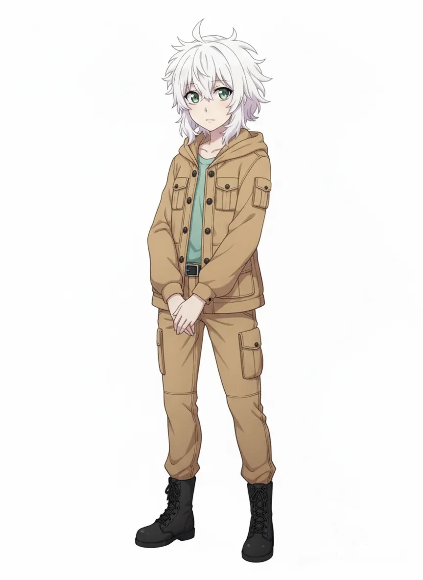 Azur Lane, Jacket: A tan or khaki-colored jacket with multiple pockets, a hood, and possibly a button or snap closure.
• Shirt: A light blue or teal undershirt is visible beneath the jacket.
• Pants: Matching tan or khaki-colored pants.
• Boots: Dark-colored, possibly black, combat boots.
• Belt: Black belt., Untitled2_20251225223924