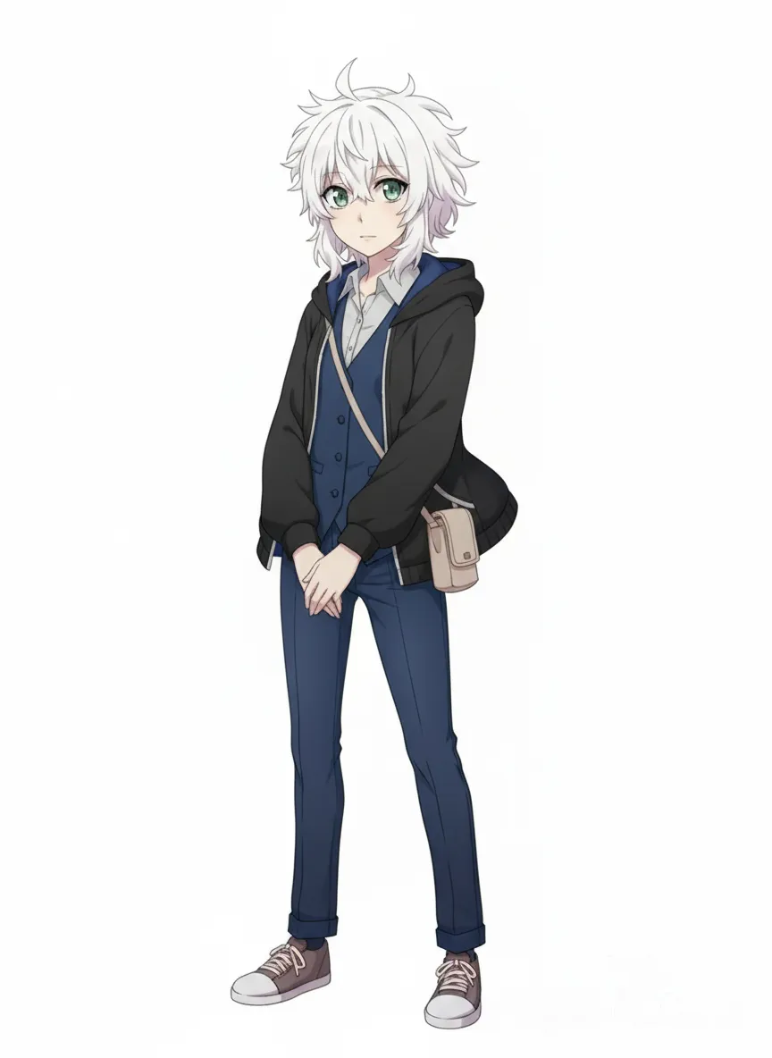trainer (umamusume), trainer (umamusume), a light gray collared shirt, deep blue formal vest, suit pants, a black, hooded jacket with a blue lining, partially open to reveal the Vest underneath. A messenger bag across her body, IMG_0415