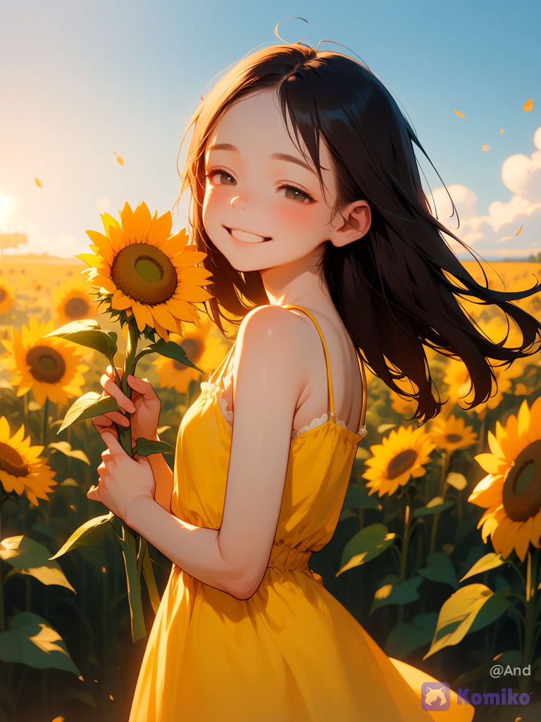 Una joven delgada,piel clara pero con un poco ruborizada como por el calor,sonriente, alegre feliz,vestida de amarillo, cabello largo,sosteniendo cerca de su rostro y entre sus manos un girasol,al fondo un campo de girasoles