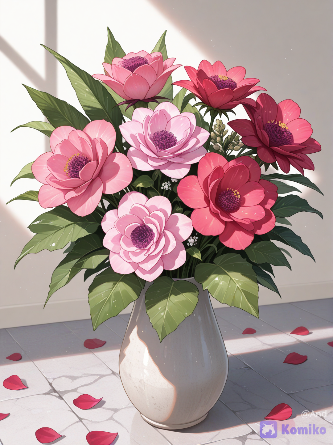 vibrante arreglo floral con flores de áster de China (reinas margaritas) en tonos violeta profundo, rosa magenta brillante y rojo carmesí. Las flores tienen pétalos rizados y densos en capas con forma de pompón. Intercaladas por todo el ramo hay exuberantes hojas verdes y plumosas de helecho que aportan una textura fresca. El ramo está elegantemente dispuesto dentro de un jarrón de cerámica blanca cremosa con ranuras verticales, colocado sobre un suelo de concreto liso y rústico de tonos neutros. Iluminación natural y suave que proyecta sombras sutiles, alto detalle, fotografía realista.