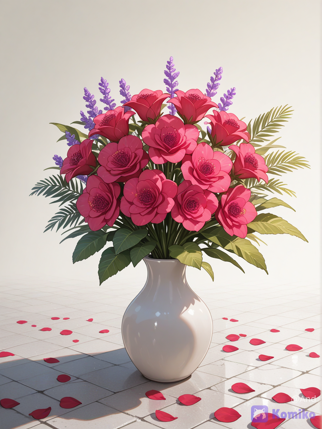 vibrante arreglo floral con flores reinas margaritas en tonos violeta profundo, rosa magenta brillante y rojo carmesí. Las flores tienen pétalos rizados y densos en capas . Intercaladas por todo el ramo hay exuberantes hojas verdes y plumosas de helecho que aportan una textura fresca. El ramo está elegantemente dispuesto dentro de un jarrón de cerámica blanca cremosa con ranuras verticales, colocado sobre un suelo de concreto liso y rústico de tonos neutros. Iluminación natural y suave que proyecta sombras sutiles, alto detalle, fotografía realista.