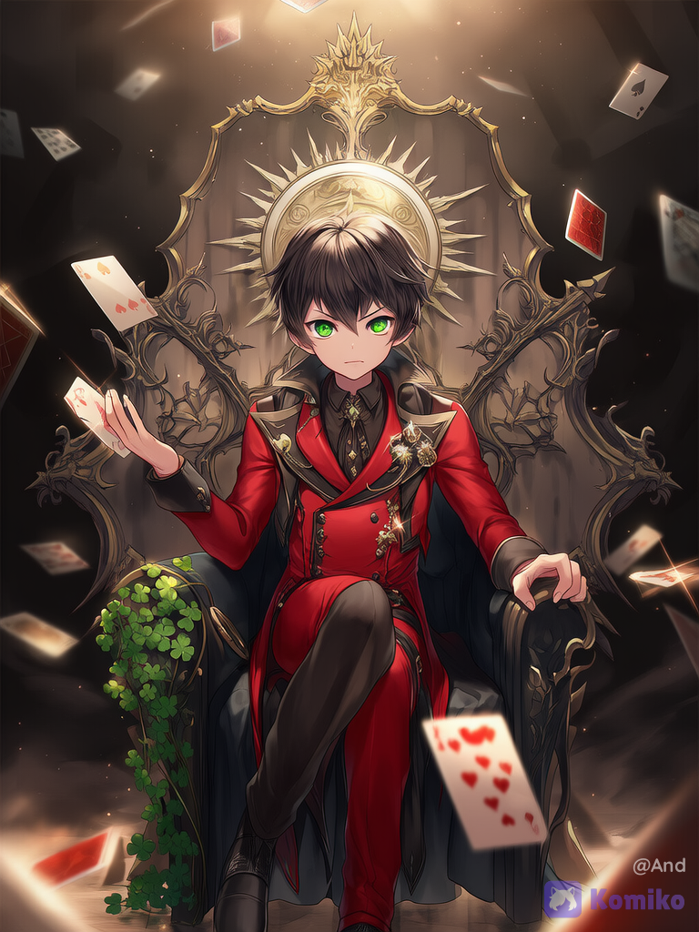 Ilustración de anime, obra maestra, estilo altamente detallado. Un joven atractivo con ojos verdes grandes y vibrantes, cabello negro. Con expresión elegante, firme y confiada usa un traje victoriano de estilo gótico en color rojo carmesí y negro y decoración de trébol.En una mano sostiene cartas de trébol mirando hacia adelante de cuerpo completo .
De fondo una carta gigante del As de trébol con numerosas cartas más pequeñas de trébol flotando alrededor en un suave desenfoque de profundidad de campo dramático. Iluminación cinematográfica dramática, colores ricos e intensos, enfoque en el alto contraste entre rojo y negro, enfoque nítido, estilo de arte digital.
