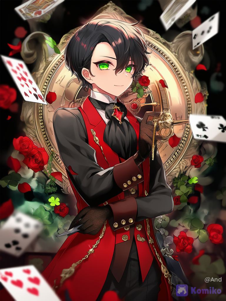 Ilustración de anime, obra maestra, estilo altamente detallado. Un joven atractivo con ojos verdes grandes y vibrantes, cabello negro. Con expresión elegante, firme y confiada usa un traje victoriano de estilo gótico en color rojo carmesí y negro y decoración de trébol.En una mano sostiene cartas de trébol mirando hacia adelante de cuerpo completo .
El fondo es una carta gigante del As de trébol con numerosas cartas más pequeñas y tréboles rojos flotando alrededor en un suave desenfoque de profundidad de campo dramático. Iluminación cinematográfica dramática, colores ricos e intensos, enfoque en el alto contraste entre rojo y negro, enfoque nítido, estilo de arte digital.