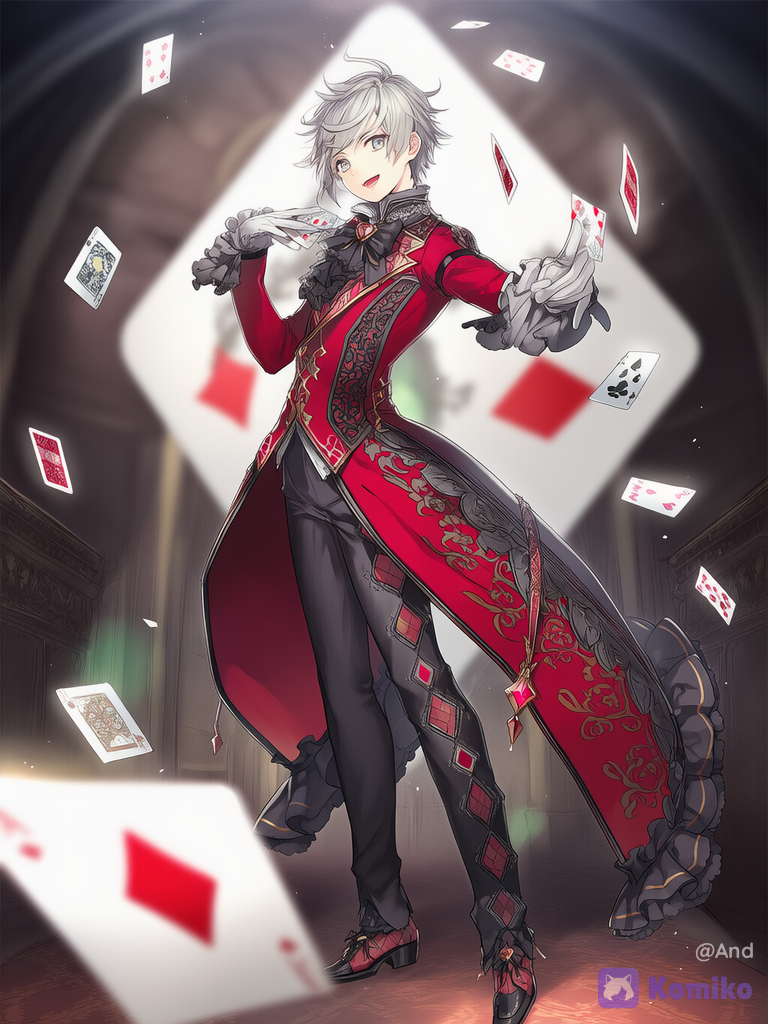 Ilustración de anime, obra maestra, estilo altamente detallado. Un joven atractivo con ojos grises grandes y vibrantes, cabello plateado Con expresión elegante, coqueto y divertido, usa un traje estilo victoriano de estilo gótico en color rojo carmesí y negro y decoración de dismante( pantalón).En una mano sostiene cartas de la figura de diamante, de cuerpo completo pero de perfil De fondo una carta gigante del As de diamantes con numerosas cartas más pequeñas de diamante flotando alrededor en un suave desenfoque de profundidad de campo dramático. Iluminación cinematográfica dramática, colores ricos e intensos, enfoque en el alto contraste entre rojo y negro, enfoque nítido, estilo de arte digital.