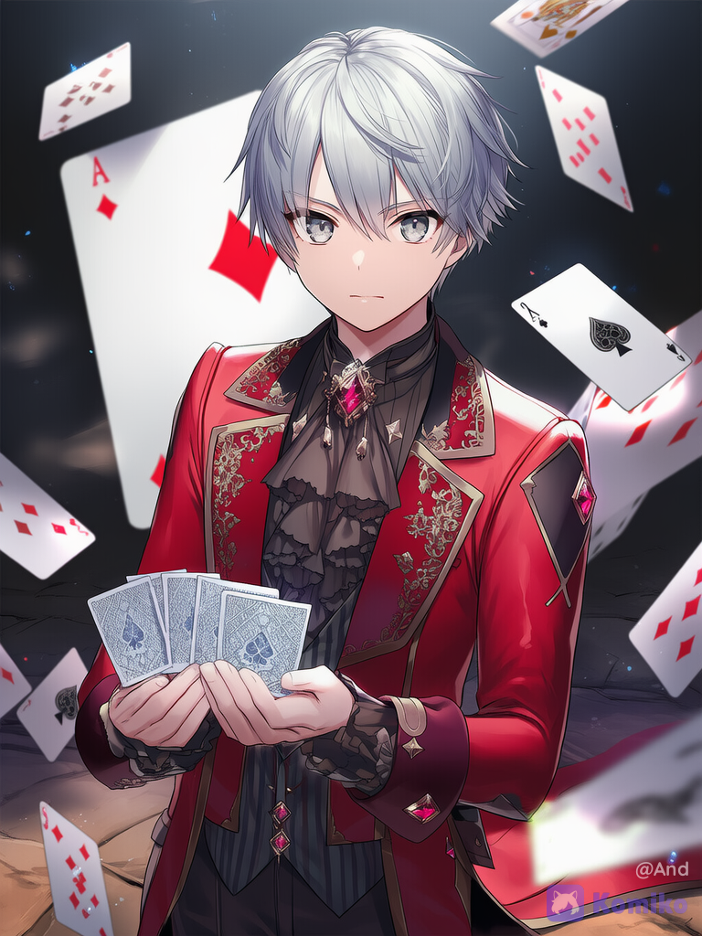 Ilustración de anime, obra maestra, estilo altamente detallado. Un joven atractivo con ojos grises grandes y vibrantes, cabello plateado Con expresión elegante, firme y confiada usa un traje victoriano de estilo gótico en color rojo carmesí y negro y decoración de dismante.En una mano sostiene cartas de la figura de diamante mirando hacia adelante de cuerpo completo .
De fondo una carta gigante del As de diamantes con numerosas cartas más pequeñas de diamante flotando alrededor en un suave desenfoque de profundidad de campo dramático. Iluminación cinematográfica dramática, colores ricos e intensos, enfoque en el alto contraste entre rojo y negro, enfoque nítido, estilo de arte digital.
