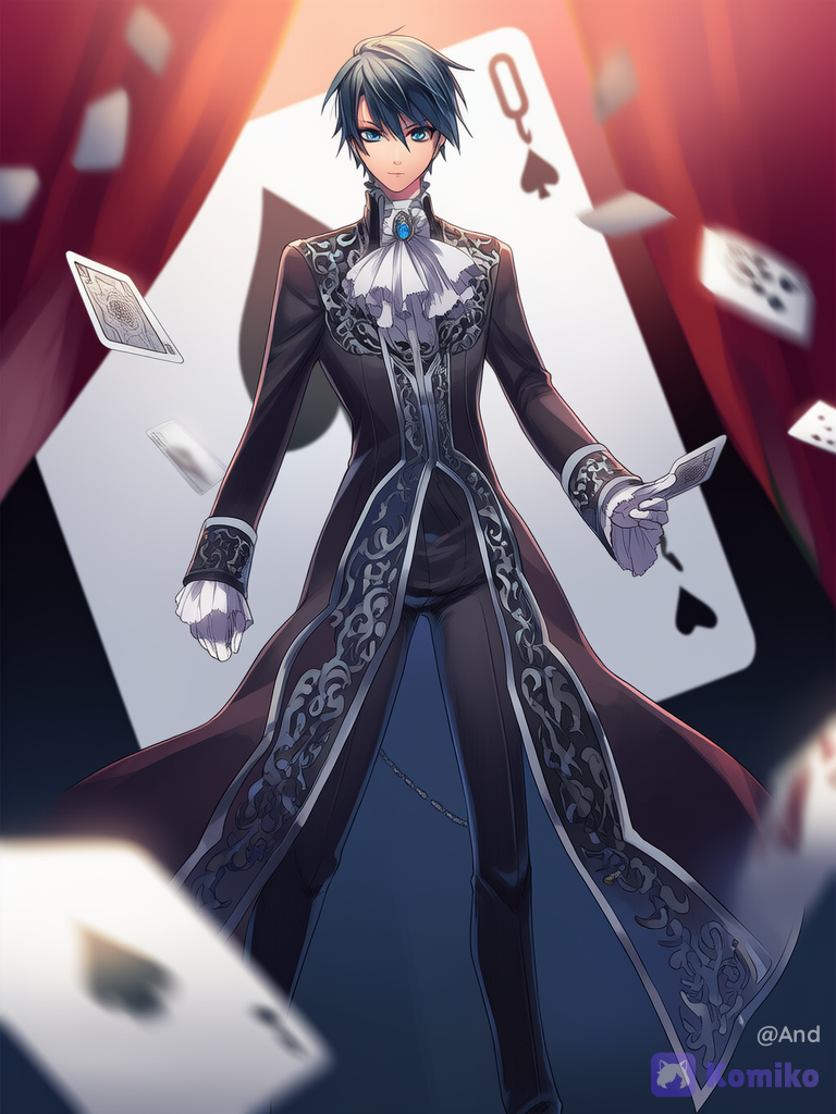 Ilustración de anime, obra maestra, estilo altamente detallado. Un joven atractivo alto esbelto con ojos negros azulados grandes y vibrantes, cabello negro azulado algo desordenado . Con expresión elegante, firme y segura y calculadora y amenazante e imponente usa un traje victoriano de estilo gótico en color negro y plateado y decoración bordados de pica.En una mano sostiene cartas de pica,mirando hacia adelante cuerpo completo .
El fondo es una carta gigante del As de picas con numerosas cartas más pequeñas con las figuras de picas flotando alrededor en un suave desenfoque de profundidad de campo dramático. Iluminación cinematográfica dramática, colores ricos e intensos, enfoque en el alto contraste entre rojo y negro, enfoque nítido, estilo de arte digital.