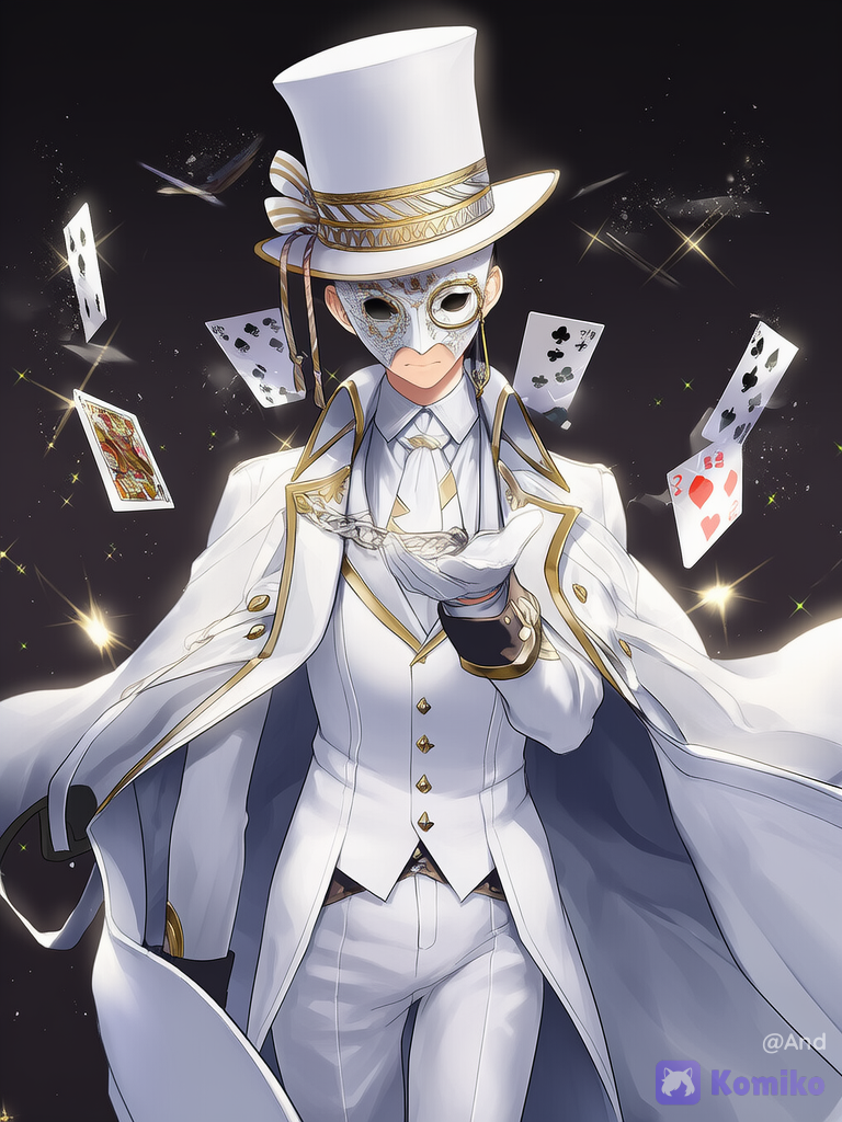 Un joven elegante y misterioso vestido como el ladrón fantasma Kaito Kid, de pie en pose confiada. Lleva un impecable traje blanco de corte formal con sutiles detalles plateados y dorados en las solapas, botones, bordes de la capa y costuras. Sobre el rostro lleva una máscara blanca estampada con motivos de cartas: tréboles, corazones, diamantes y picas en negro y rojo. Lleva un sombrero de copa blanco con ribetes dorados y plateados, monóculo en el ojo izquierdo, capa blanca ondulante con destellos metálicos, bufanda blanca y guantes blancos. Al fondo, numerosas cartas de póker flotan en el aire de forma mágica y dinámica, girando y brillando con destellos plateados y dorados. Estilo anime detallado, iluminación dramática, atmósfera misteriosa y elegante.