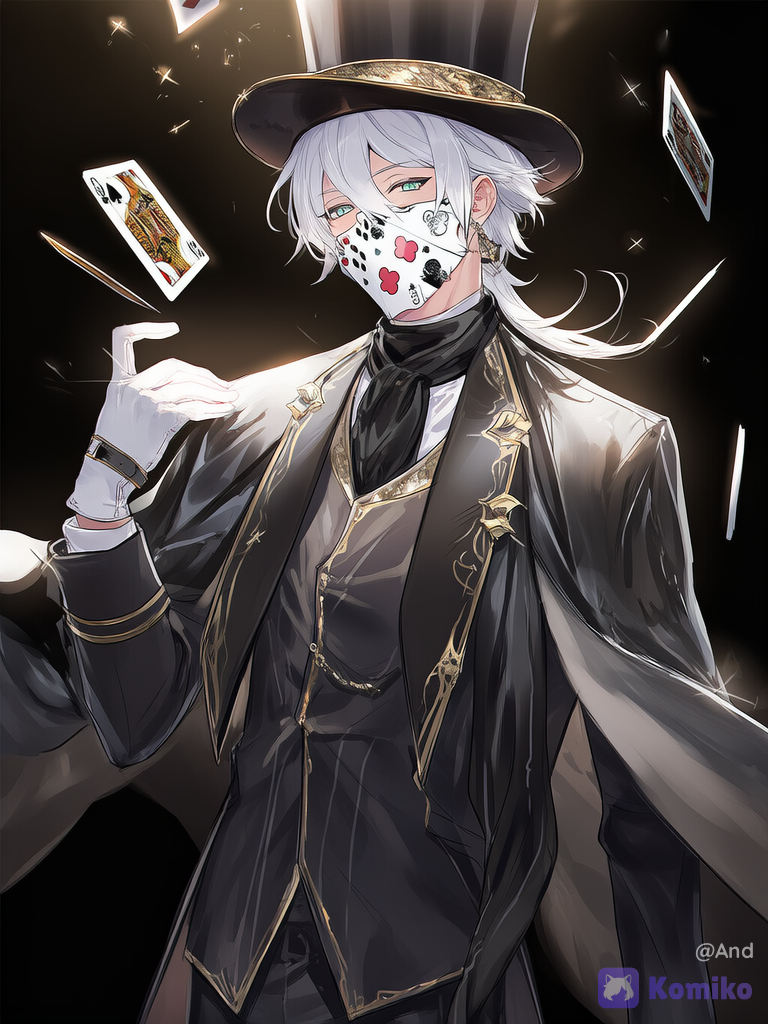 Un joven elegante y misterioso de pie en pose confiada. Lleva un impecable traje negro de corte formal con sutiles detalles plateados y dorados en las solapas, botones, bordes de la capa y costuras. Sobre el rostro lleva una máscara blanca estampada con motivos de cartas: tréboles, corazones, diamantes y picas en negro y rojo. Lleva un sombrero de copa negro con ribetes dorados y plateados, capa negra ondulante con destellos metálicos, bufanda negra y guantes blancos. Al fondo, numerosas cartas de póker flotan en el aire de forma mágica y dinámica, girando y brillando con destellos plateados y dorados. Estilo anime detallado, iluminación dramática, atmósfera misteriosa y elegante.