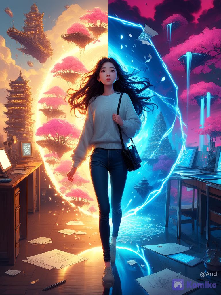 A young beautiful East Asian woman in her mid-20s with long flowing dark hair, fair skin and soft features, wearing a cozy light grey knit sweater, dark blue skinny jeans and a small black crossbody bag, is mid-step crossing through a tall glowing rectangular portal of pure electric blue energy.
The left side of the image shows a realistic dimly lit artist’s studio: wooden desk covered with scattered pencil sketches, comic pages and a digital drawing tablet glowing faintly, papers pinned on the wall, soft warm ambient light.
The right side of the portal reveals an extremely fantastical parallel dimension that looks like a living webtoon: a surreal floating city of impossible architecture with twisting crystalline towers, glowing neon kanji signs, cascading waterfalls of liquid light, giant pink and purple cherry blossom petals floating in the air, bioluminescent bridges connecting floating islands, enormous mechanical birds and elegant airships with paper-like wings soaring through a sky of swirling magenta, gold and deep indigo clouds. The ground is made of reflective glass that shows inverted reflections of the impossible city. Soft comic-book ink outlines and subtle panel-like frames appear faintly in the air.
Intense electric blue and white energy particles swirl around the edges of the portal and partially around the woman’s body. One of her legs and arm are already inside the fantastical world, while the rest of her body is still in the real studio. She looks forward with a mix of wonder and determination.
Cinematic lighting, highly ultra-realistic rendering on the real-world side contrasted with vibrant stylized fantasy webtoon aesthetic on the other dimension, dramatic depth of field, ethereal atmosphere, quality.