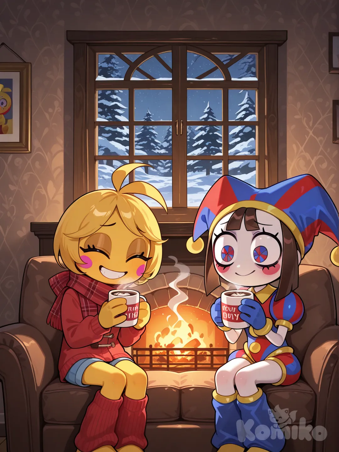 Toy Chica & Pomni drinking hot cocca together!