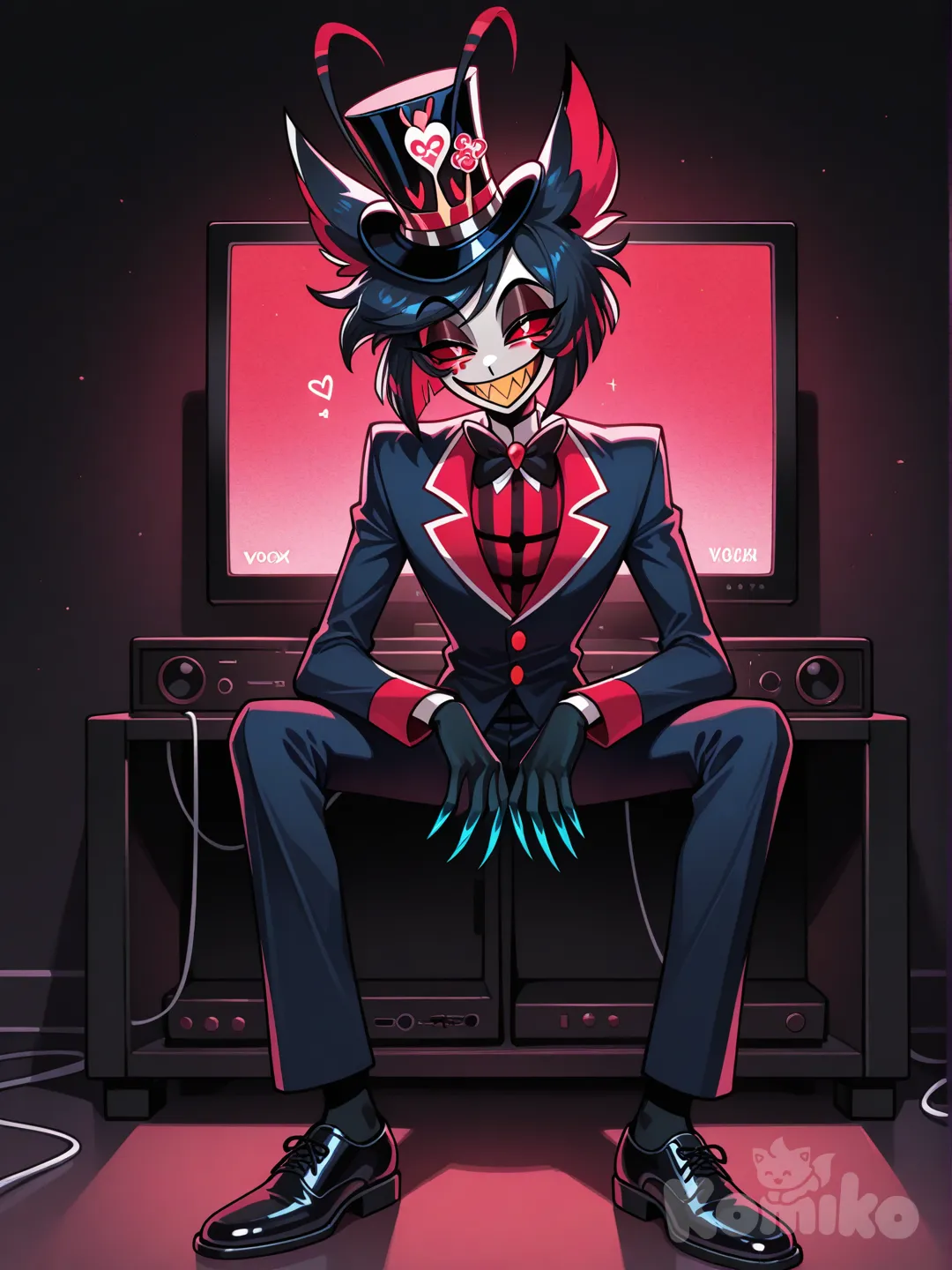 Bruh be looking like a fankid of Alastor, Vox and Lucifer lol