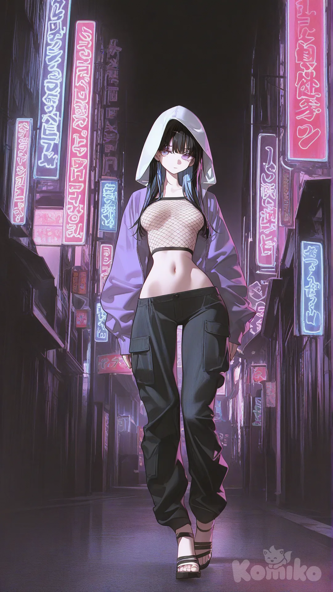 1girl, solo, teenager, curvy, slim waist, wide hips, medium breasts, fair skin, long hair, black hair, blue-tinted hair, bangs, light purple eyes, purple hoodie, white hood, fishnet top, see-through shirt, blue cargo pants, black open-toed sandals, single character, full body, looking at viewer, anime style, simple background, white background, bike shorts, barely noticeable nipples under clothes, background japanese night street, bellybutton exposed, walking, seeing sideways., [high-contrast-glossy-style]