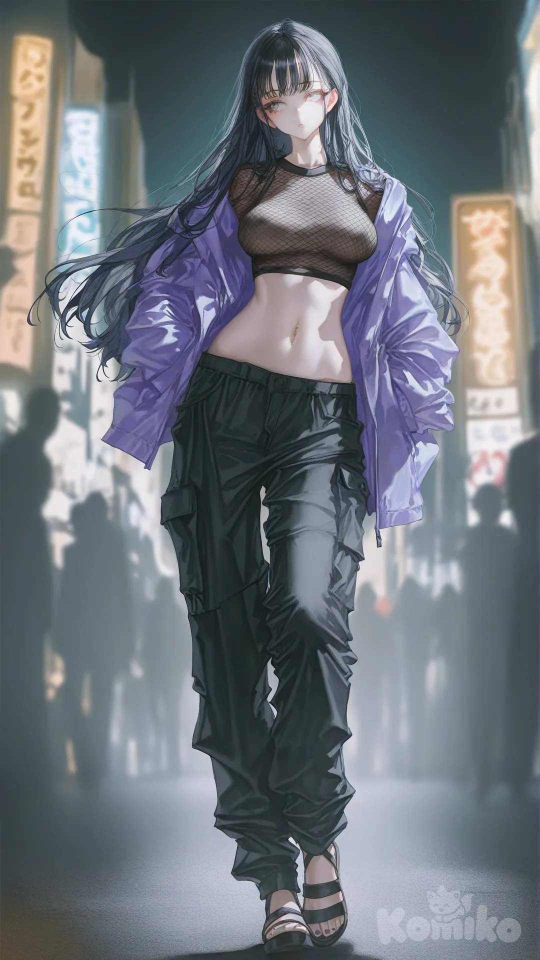 1girl, teenager, curvy, slim waist, wide hips, medium-large breasts, fair skin, long hair, thin body, black hair, bangs, white eyes, purple hoodie, fishnet top, see-through shirt, black open-toed sandals, full body, tight cargo pants, pants below hips, barely noticeable nipples under clothes, background japanese night street, bellybutton exposed, walking, seeing sideways., [soft-light-illustration-style]