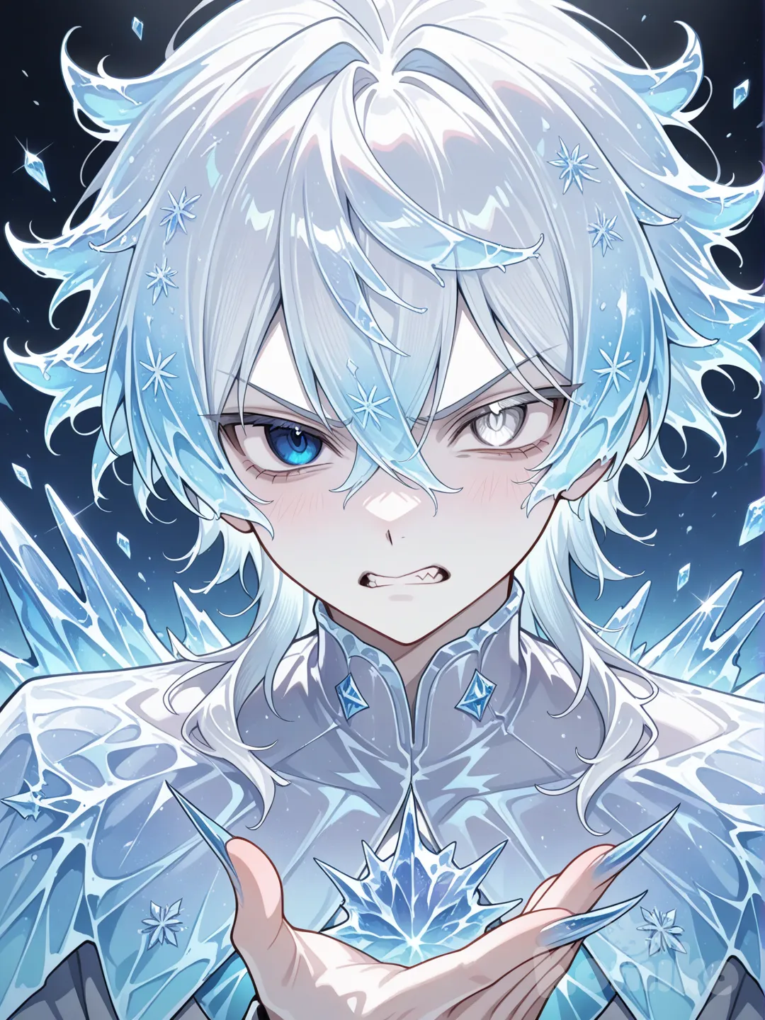 1boy, Height 5’6, Weight 150, frozen hair, Skin white, Eyes white, blue, ice claws, angry