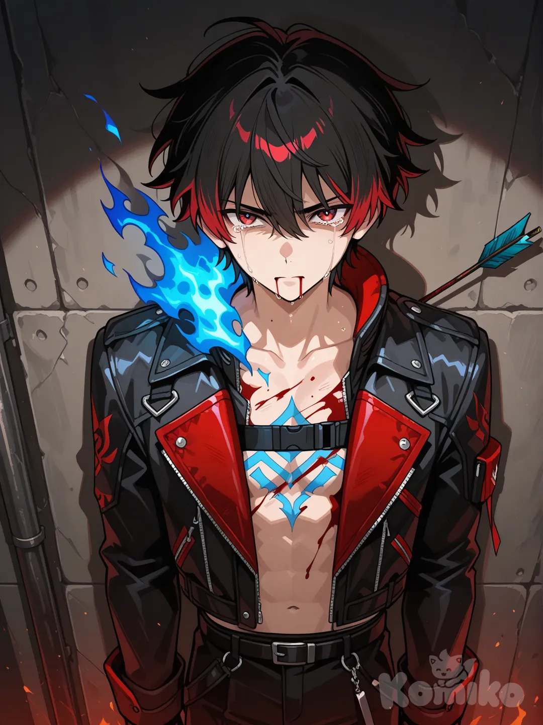 1boy, height 6'0, weight 150, Reddish black hair, anime, blood on clothes, red and black flak jacket, tears in eyes, clothes ripped up a little bit, blood going down his lip, on his back against the wall, blue fire arrow straight in his chest, blood going down his chest