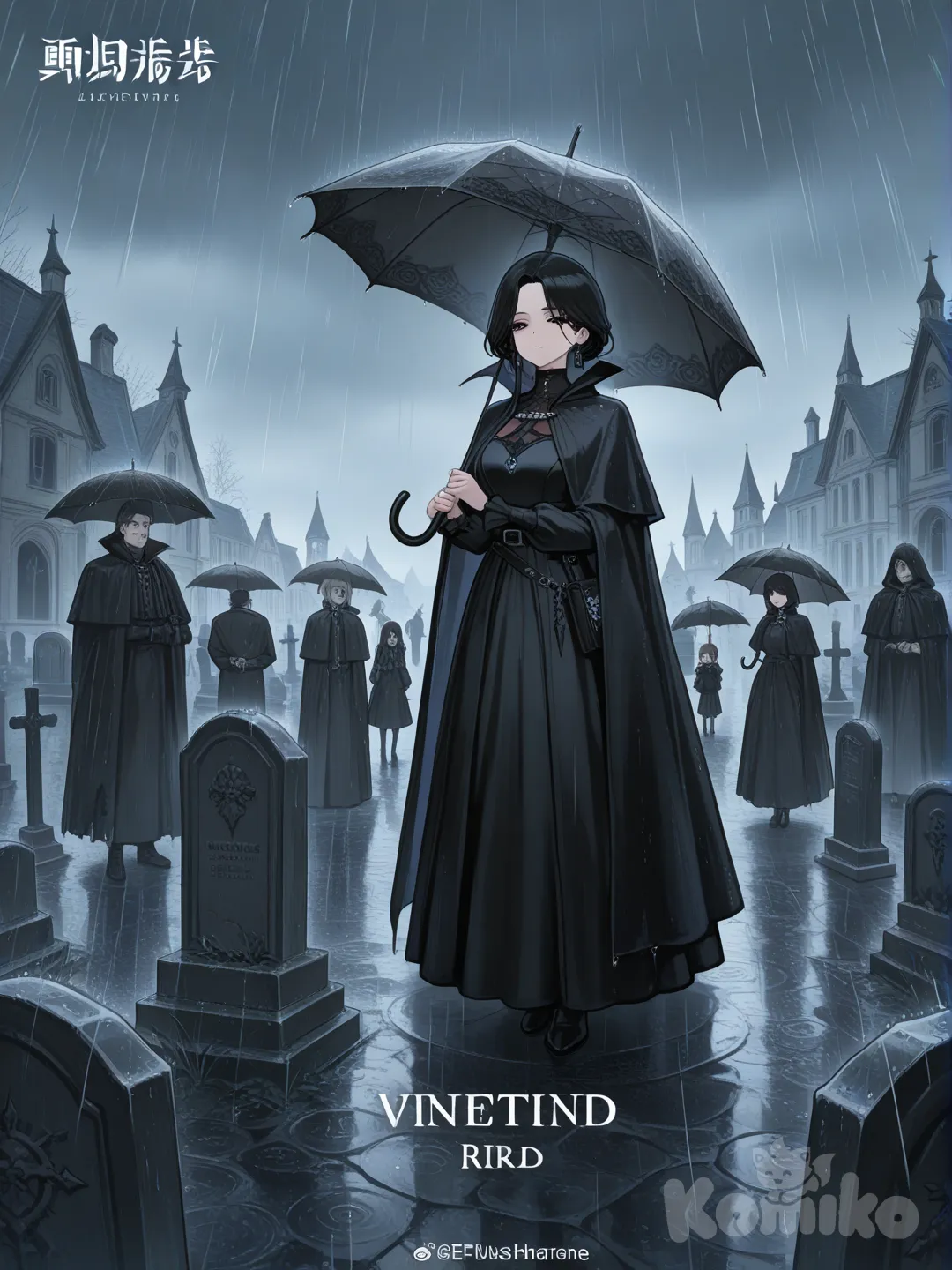 4boys, 5girls, he boys have black high-collared cloaks with letters saying EPF, the girls have black long dresses with letters saying EPF, everyone around a gravestone, name on gravestone that says Lucian Lee, holding umbrellas, raining