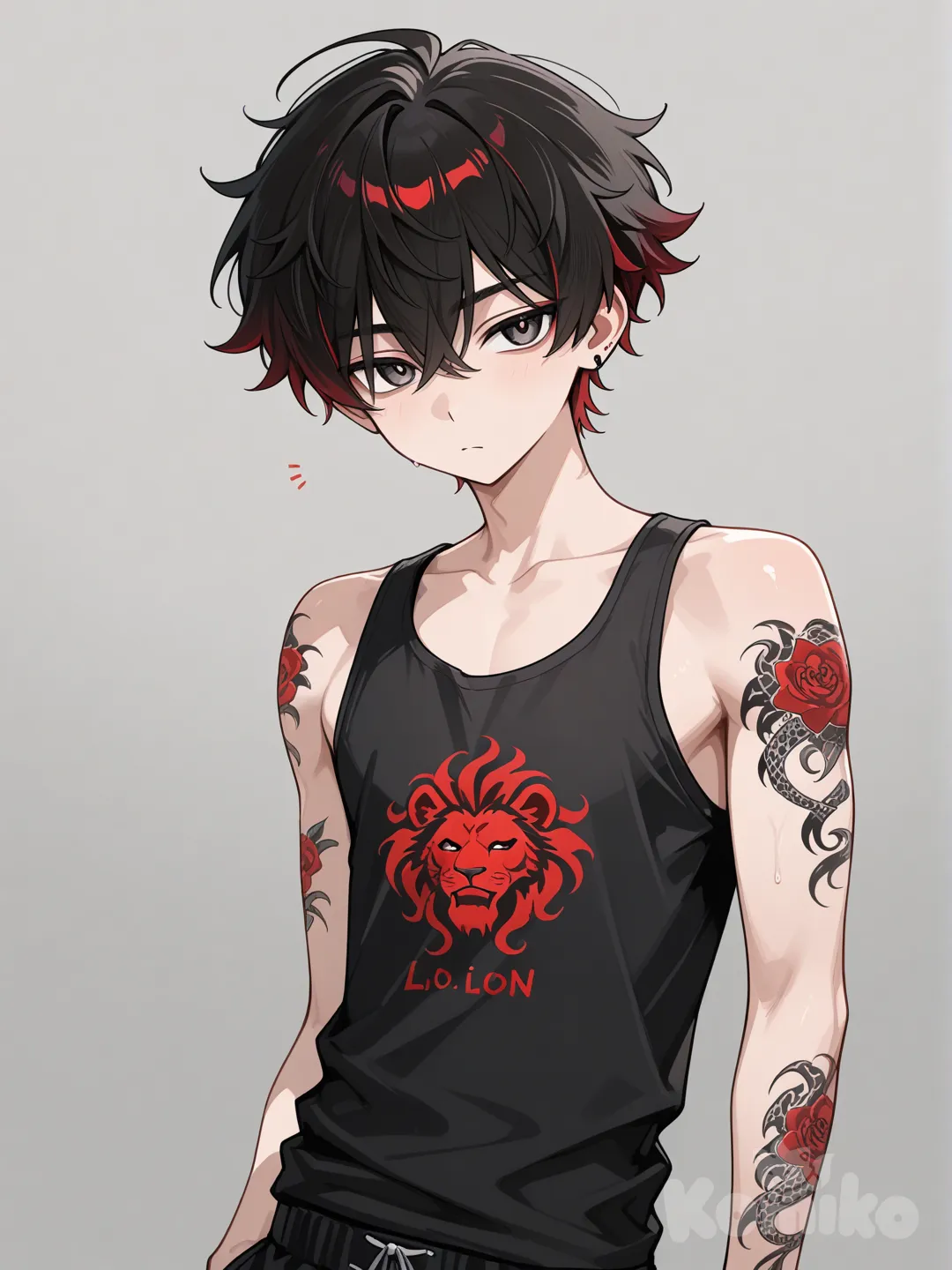 1boy, 17, height 6'0, weight 150, Reddish black hair, black tank top, arm tattoo of a lion