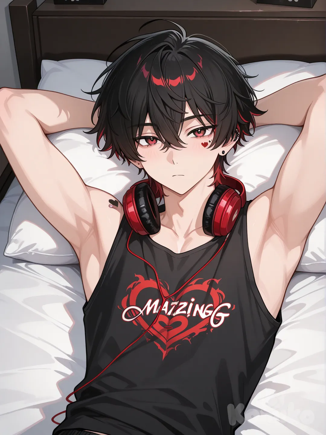 1boy, 17, height 6'0, weight 150, Reddish black hair, black tank top, heart tattoo, headphones, hands behind his head, lying on bed looking at viewer